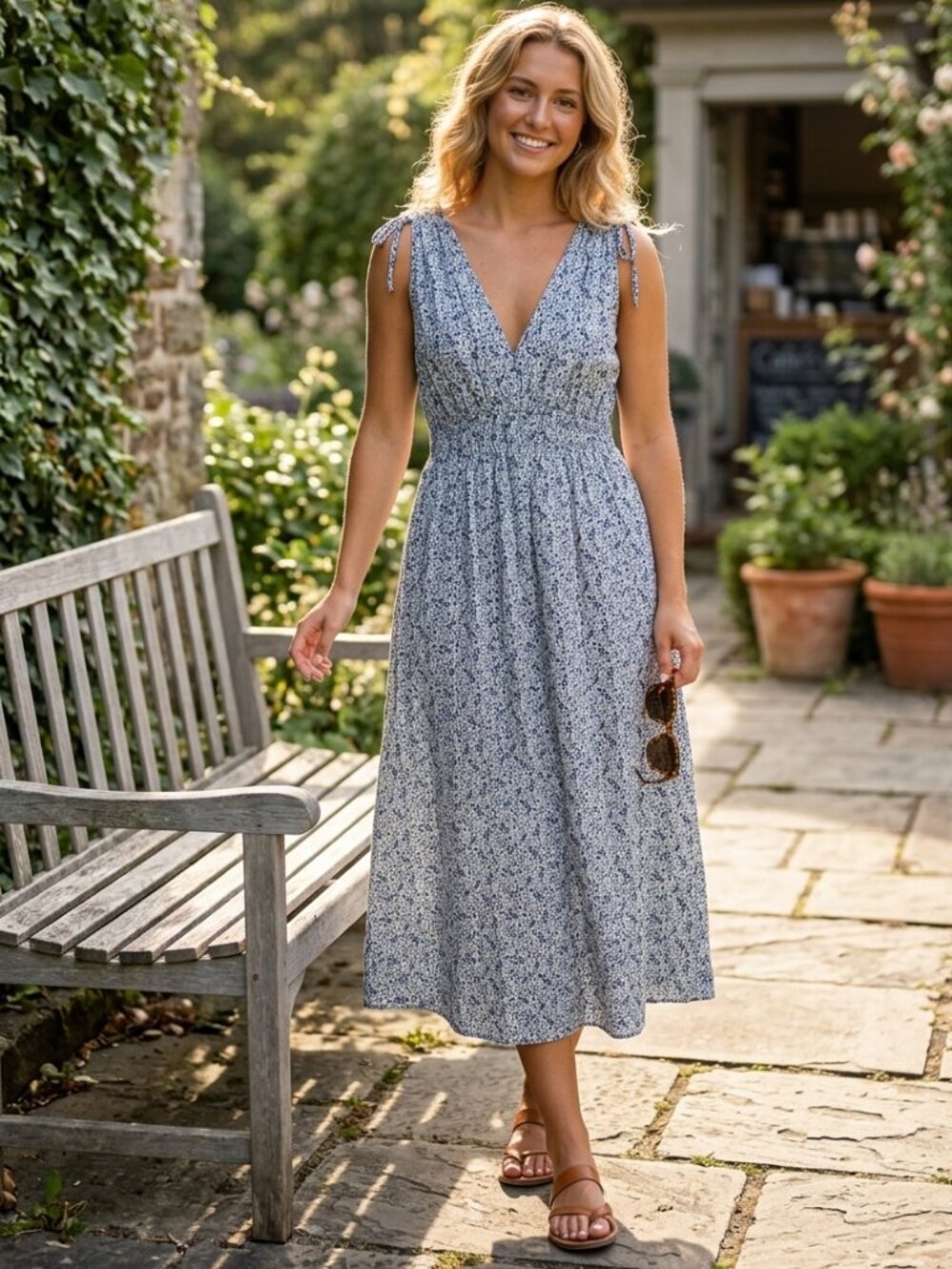 Madewell Blue Florentine Floral Sophia Smocked Midi Dress Size XS 54747 - Picture 2 of 14